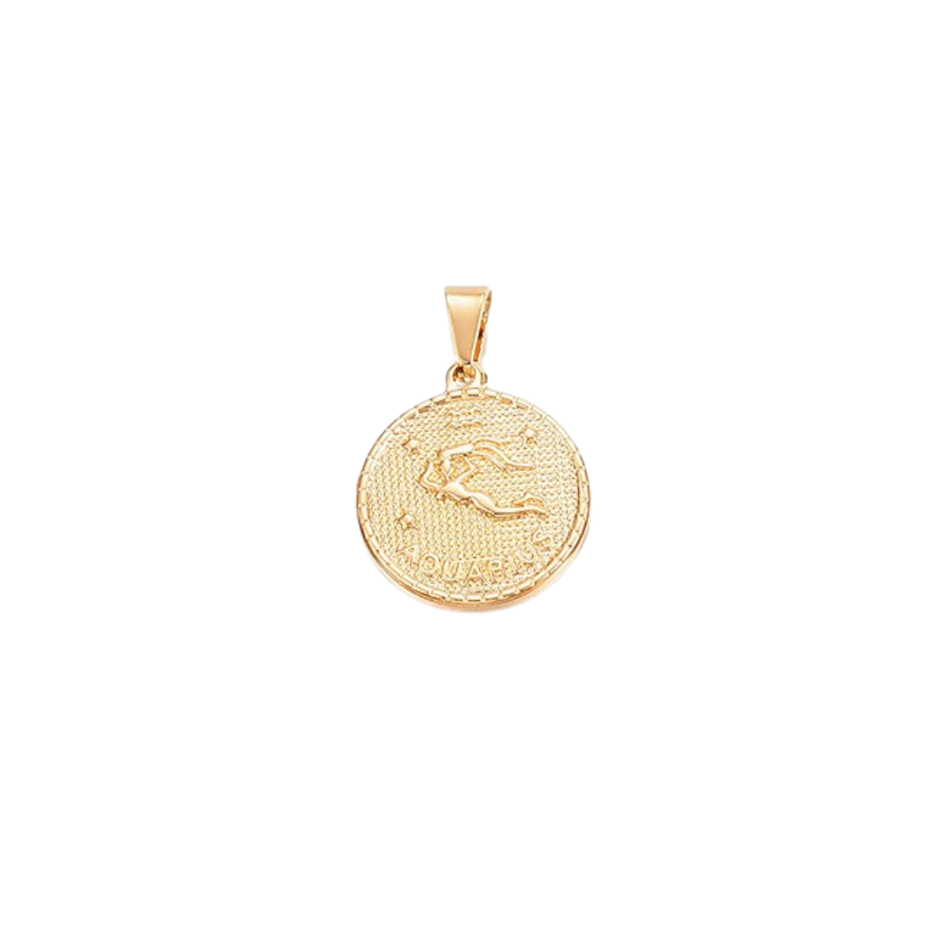 Transparent Aquarius Gold Zodiac Disc Charm, Front View 