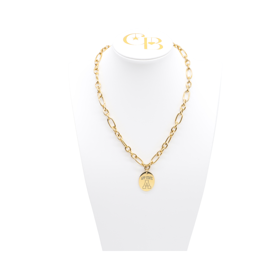 Appalachian State University Keepsake Necklace with Large Gold Oval Charm | Waterproof, Hypoallergenic & Tarnish Resistant