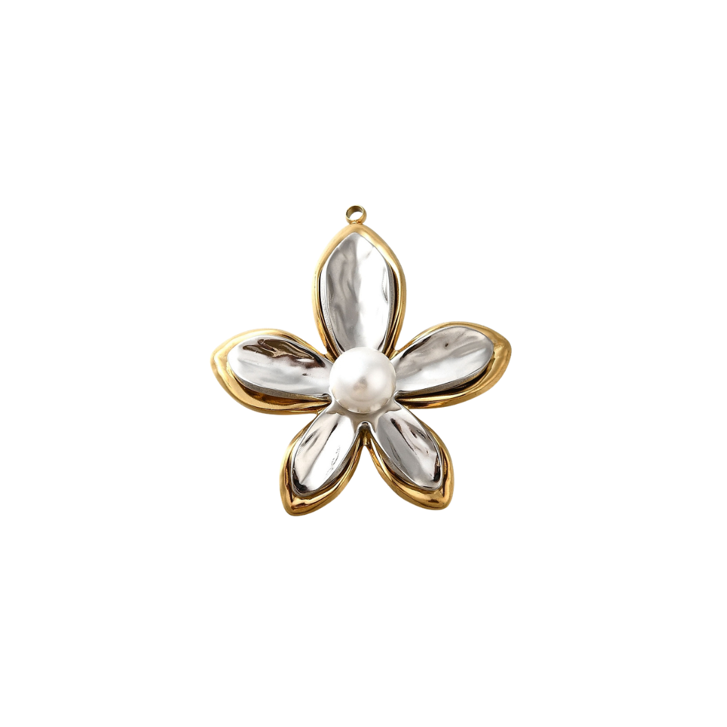 Mixed Metal Flower with Center Pearl Charm