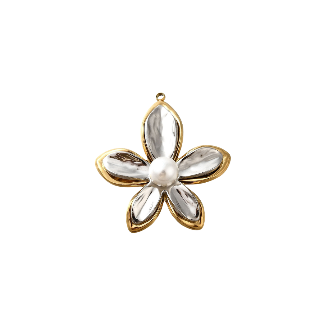 Mixed Metal Flower with Center Pearl Charm