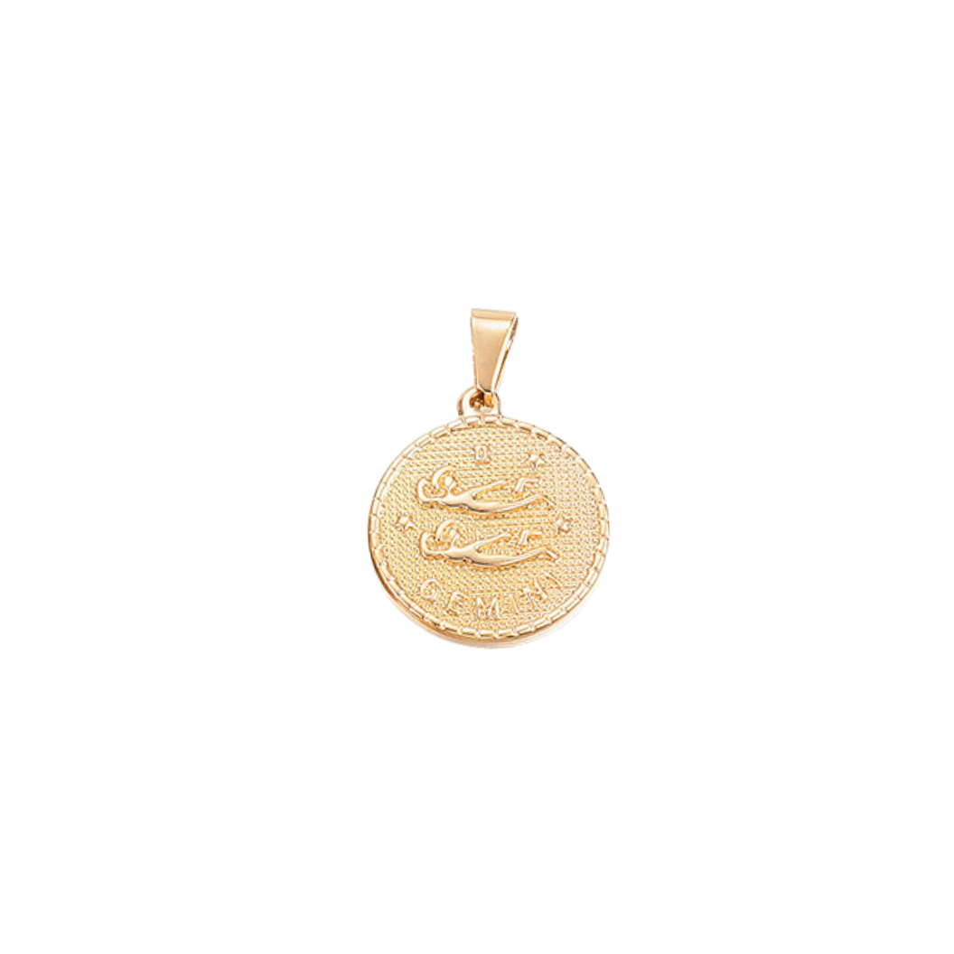 Transparent Gemini Gold Zodiac Disc Charm, Front View 
