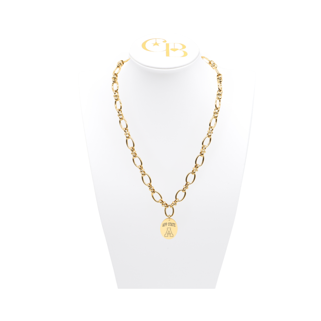 Appalachian State University Evermore Necklace with Large Gold Oval Charm | Waterproof, Hypoallergenic & Tarnish Resistant