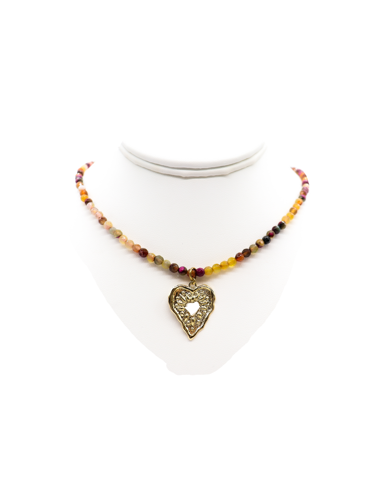 Front of the Beaded Necklace with Gold Embossed Heart Charm on a bust