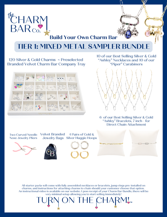 Mixed Metal Tier 1 Sampler Bundle including 120 Silver & Gold Charms (Preselected with Branded Velvet Charm Bar Company Tray, 10 of our Best Selling Silver & Gold "Ashley" Necklaces and 10 of our "Piper" Carabiners, Two curved Needle Nose Jewelry Pliers, Velvet Branded Jewelry Bags, 4 Pairs of Gold & Silver Huggie Hoops, 6 of our Best Selling Silver & Gold "Ashley" Bracelets, 7 inch - for direct chain attachment. 