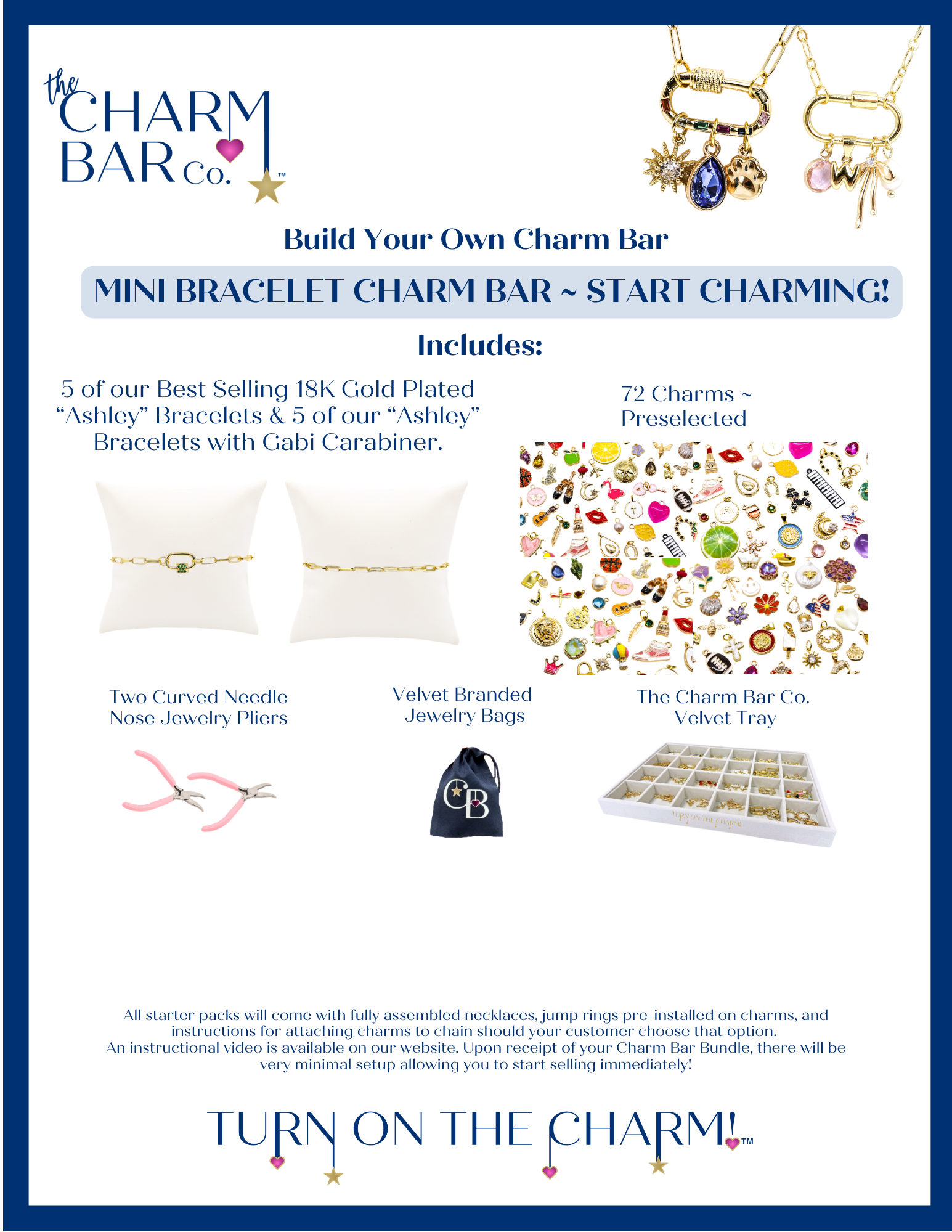 Mini Gold Bracelet Charm Bar Bundle including 5 of our Best Selling 18K Gold Plated "Ashley" Bracelets & 5 of our "Ashley" Bracelets with Gabi Carabiner, 72 charms (Preselected), Two Curved Needle Nose Jewelry Pliers, Velvet branded Jewelry Bags, and the Charm Bar Co. Velvet Tray. 