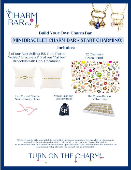 Mini Gold Bracelet Charm Bar Bundle including 5 of our Best Selling 18K Gold Plated "Ashley" Bracelets & 5 of our "Ashley" Bracelets with Gabi Carabiner, 72 charms (Preselected), Two Curved Needle Nose Jewelry Pliers, Velvet branded Jewelry Bags, and the Charm Bar Co. Velvet Tray. 