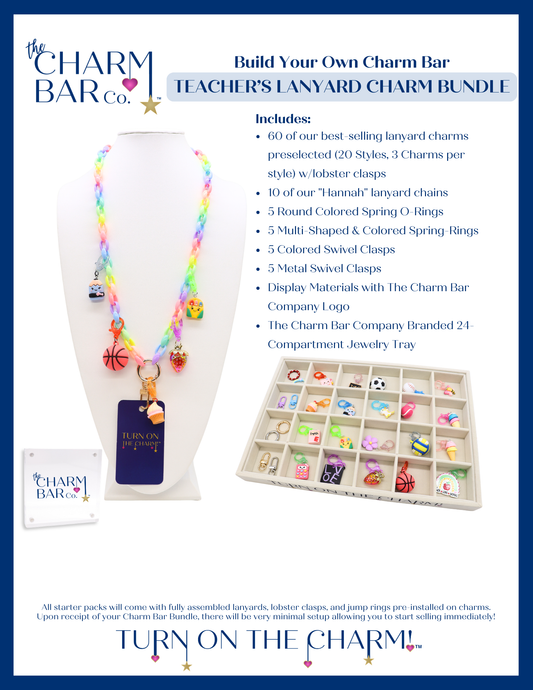 Teacher's Lanyard Charm Bar Bundle including 60 lanyard charms preselected with lobster clasps, 10 of our "Hannah" lanyard chains. 5 round colored spring o rings, 5 multi shaped and colored spring rings, 5 colored swivel clasps, 5 metal swivel clasps, display materials with the Charm Bar Company logo, and the Charm Bar Company branded 24 compartment jewelry tray 