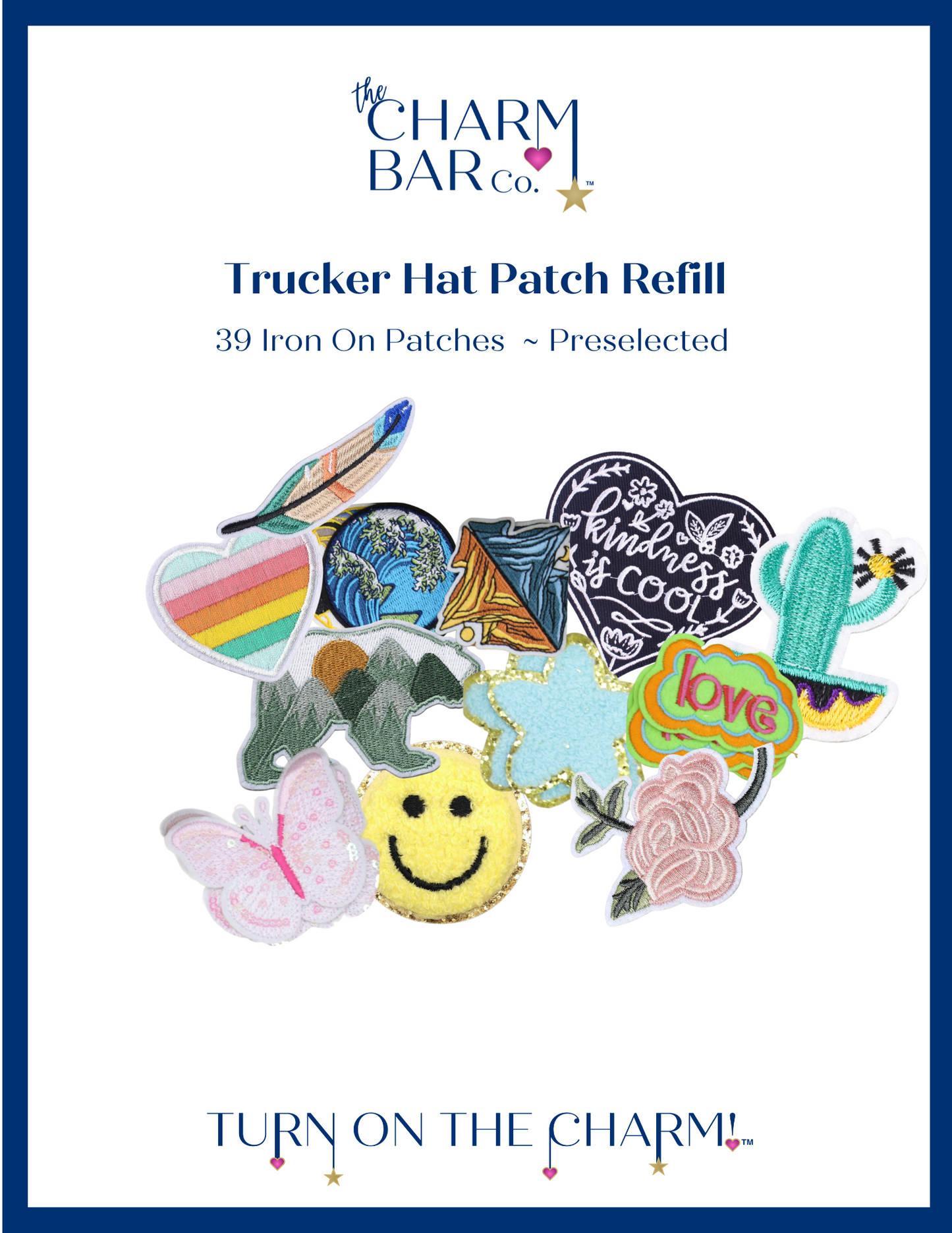 Trucker Hat Patch Refill including 39 Iron On Patches that are preselected. 