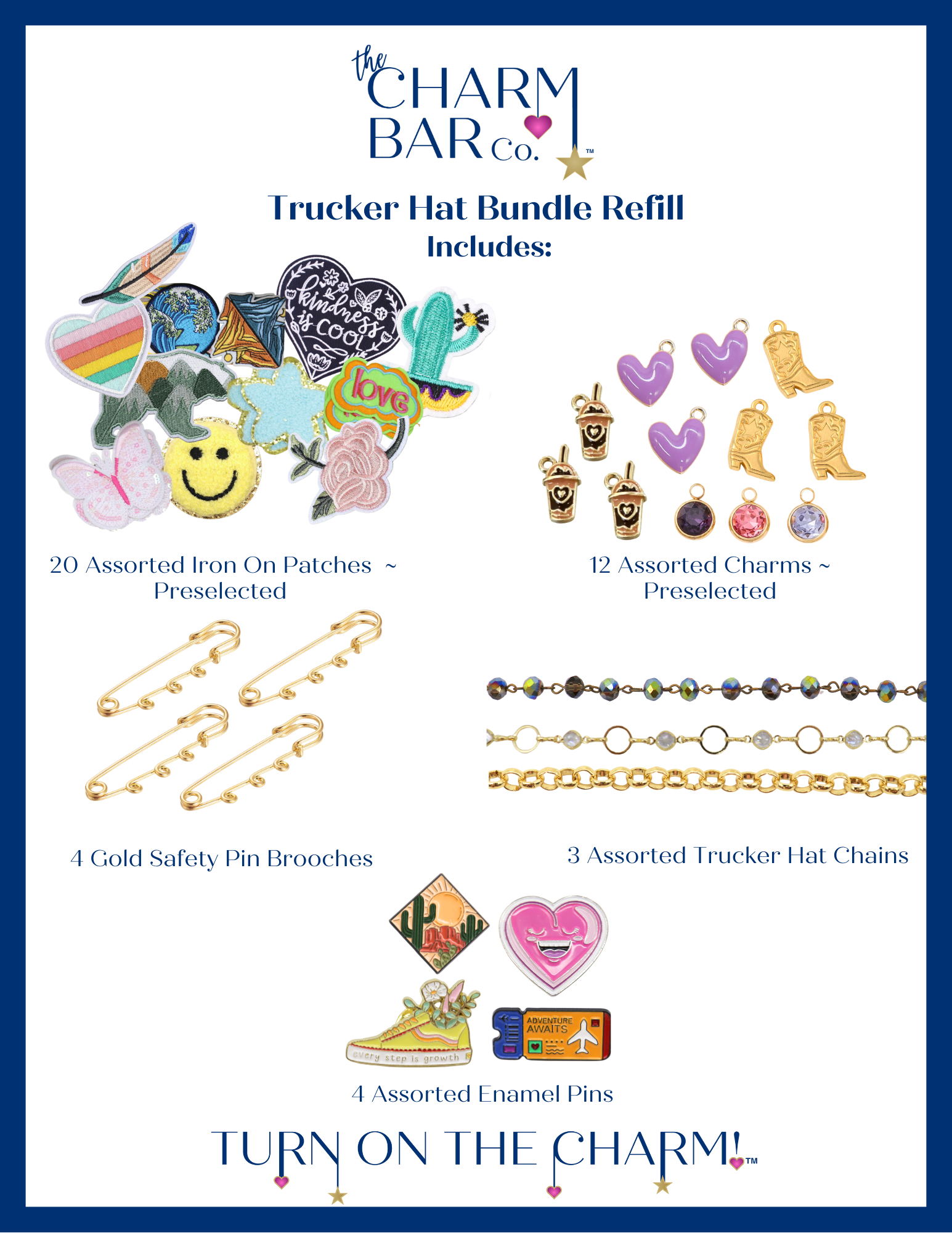 Trucker Hat Bundle Refill with 20 Assorted Iron on Patches (Preselected), 12 Assorted Charms (Preselected), 4 Gold Safety Pin Brooches, 3 Assorted Trucker Hat Chains, and 4 Assorted Enamel Pins 