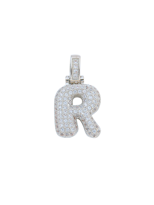 Front view of the Silver Rhinestone Bubble Letter "R" Charm