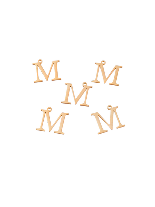 Front view of five Gold Greek Letter Mu Charms