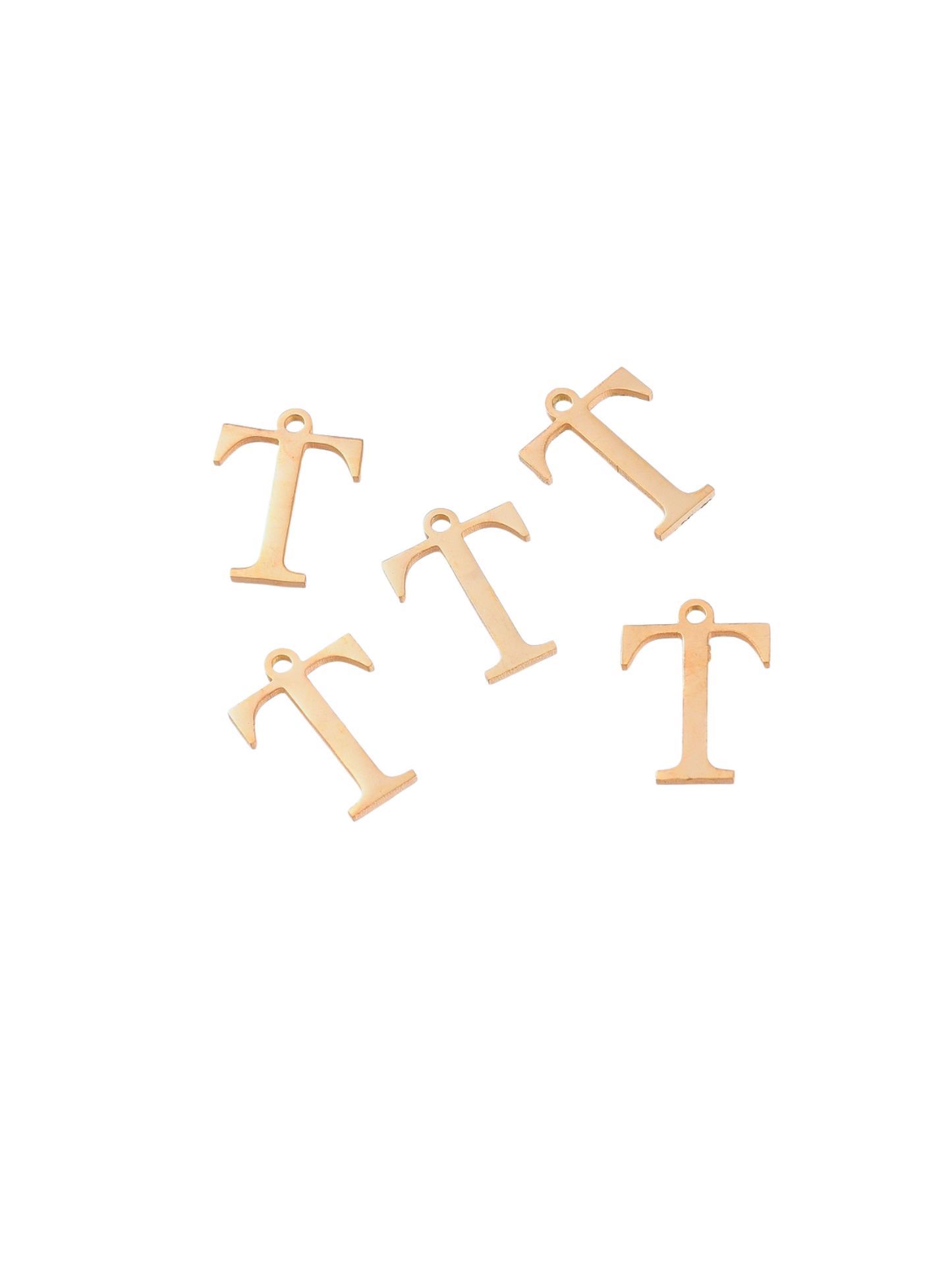 Front view of five Gold Greek Life "Tau"Charms