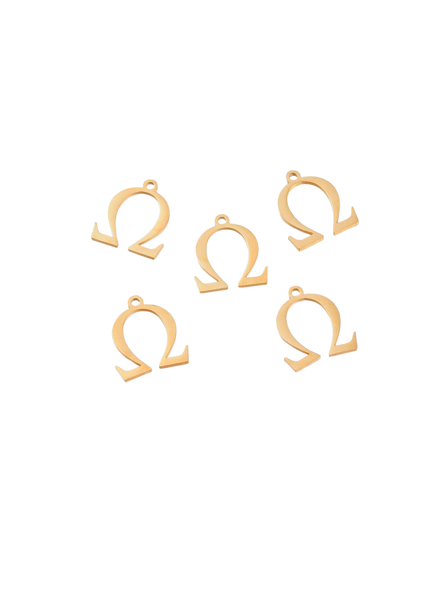 Front view of five Gold Greek Letter "Omega" Charms