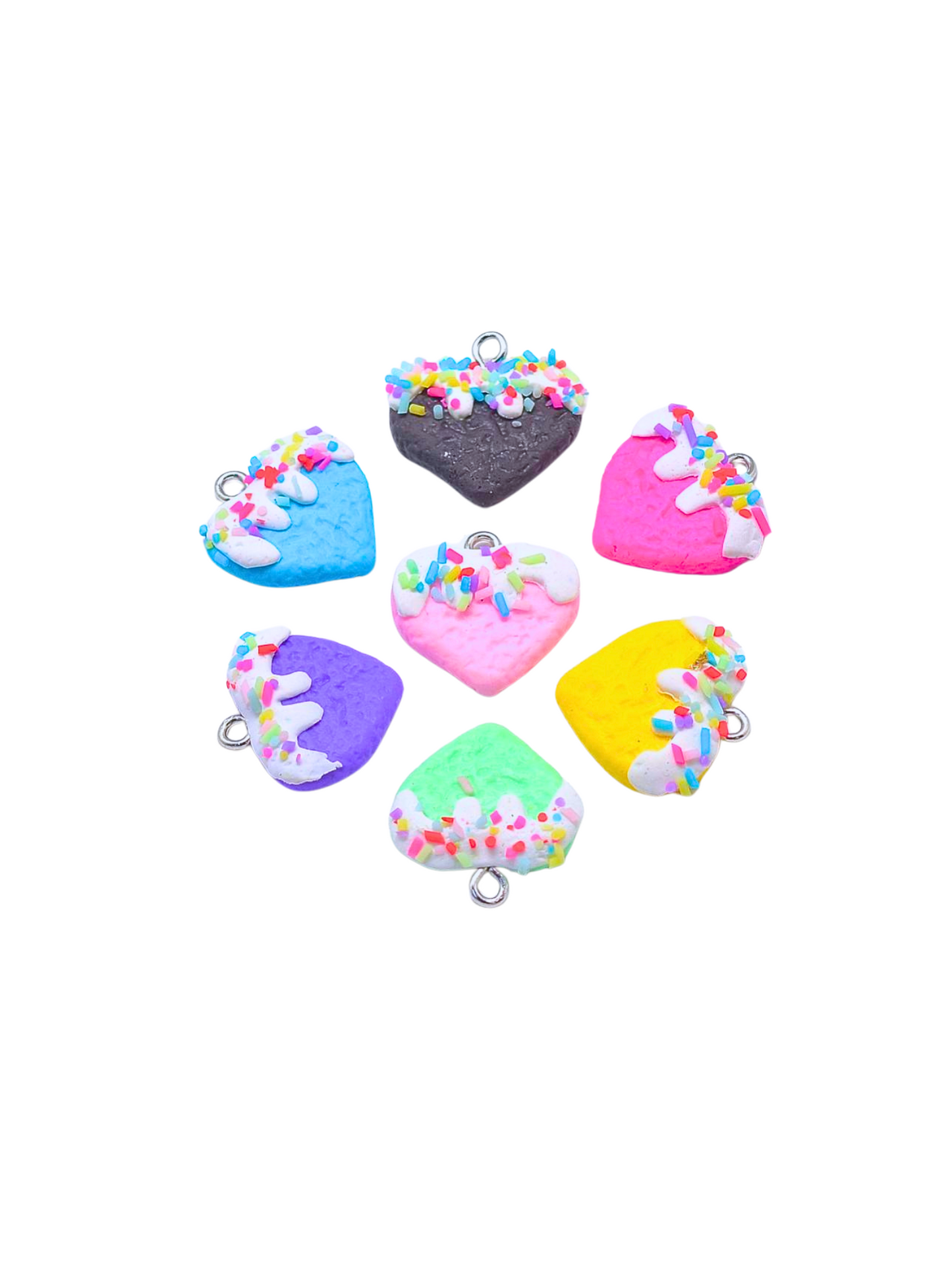 Front view of seven Iced Heart With Sprinkles Lanyard Charms in assorted colors