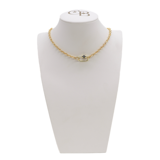 Gold Ruth Necklace with Assorted Small Gabi Carabiners on a White Bust