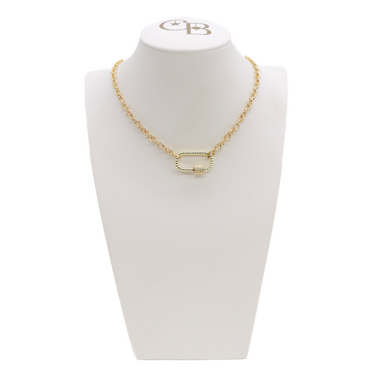 Gold Ruth Necklace with Bella Carabiner on a White Bust