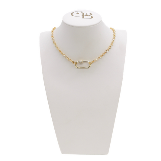 Gold Ruth Necklace with Gabi Carabiner on a White Bust