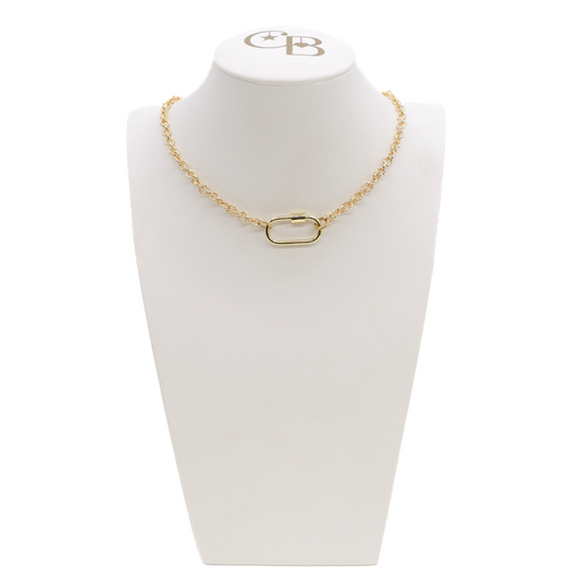 Gold Ruth Necklace with a Piper Carabiner on a White Bust