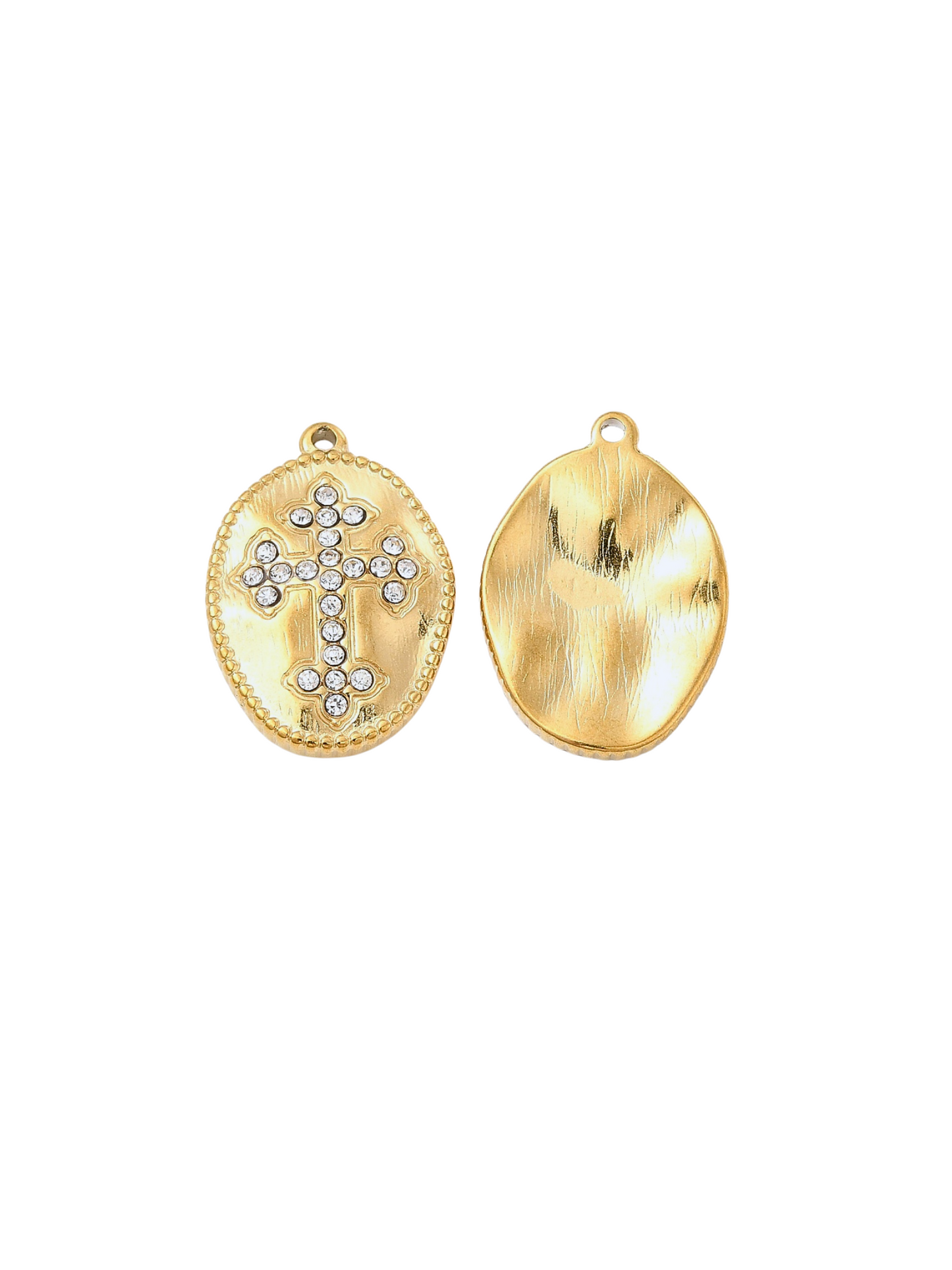 Front and back view of Gold Brushed Oval Ornate Cubic Zirconia Cross Charm 