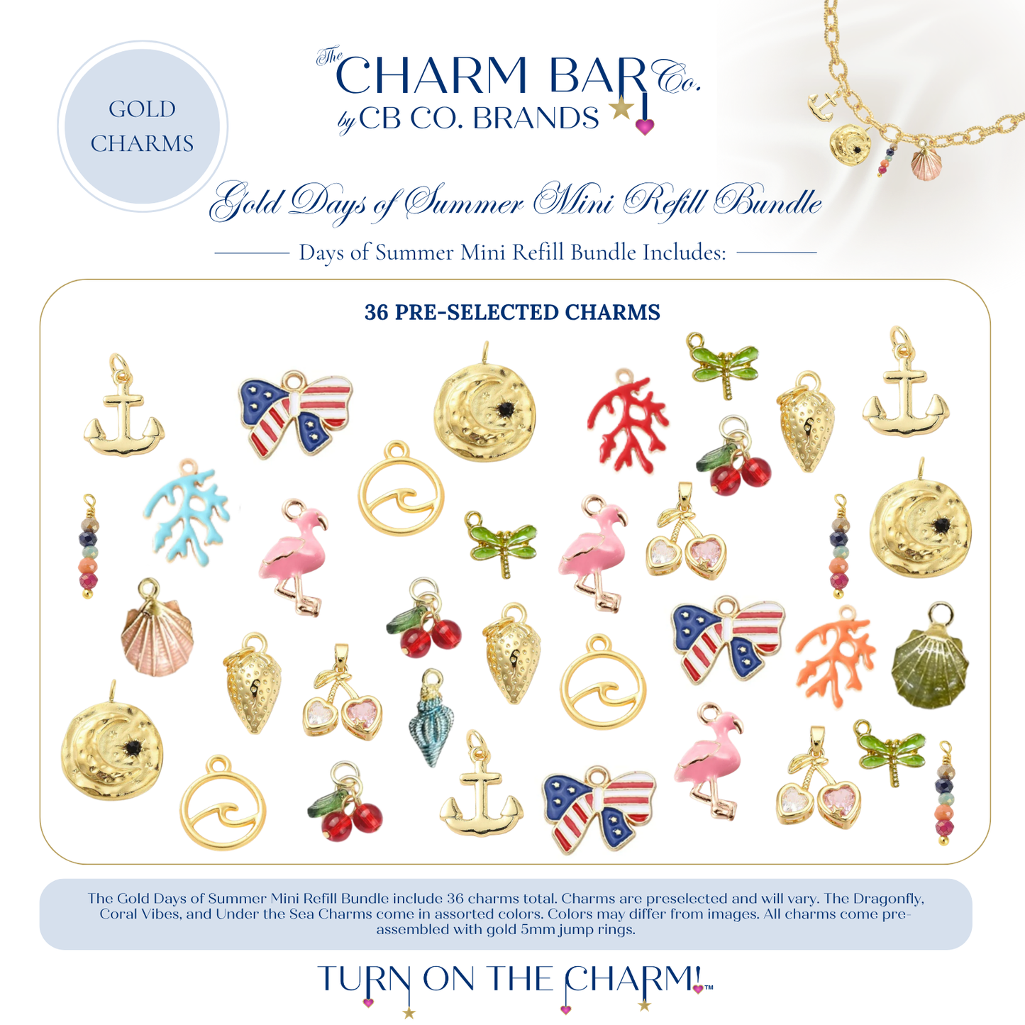 The Charm Bar Gold Days of Summer Mini Refill Bundle featuring 36 pre-selected gold charms with beach and summer-inspired designs. Includes anchors, patriotic bows, waves, suns, coral, dragonflies, flamingos, seashells, strawberries, cherries, seashell pendants, colorful gemstone drops, and coastal charms for creating custom charm necklaces and bracelets.