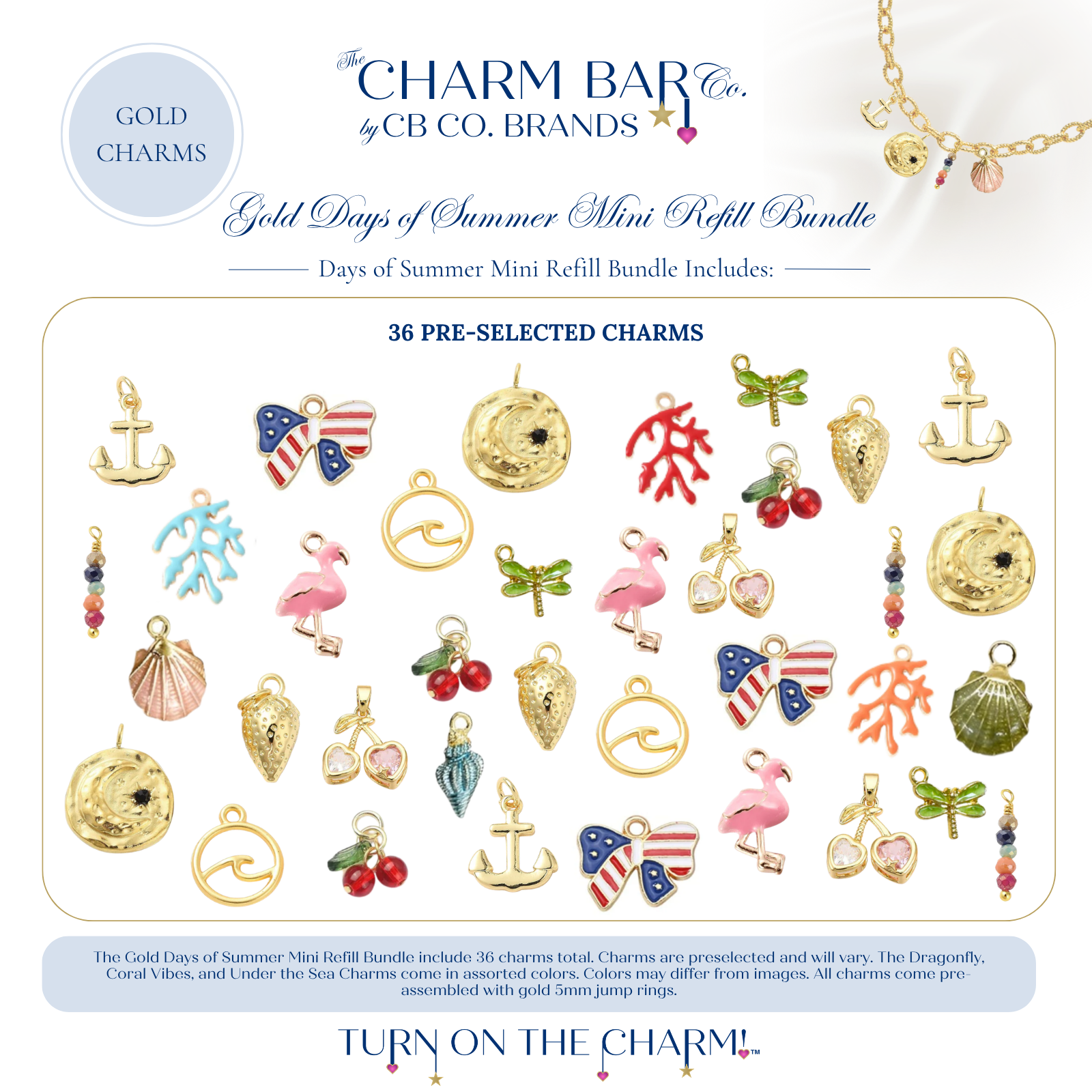 The Charm Bar Gold Days of Summer Mini Refill Bundle featuring 36 pre-selected gold charms with beach and summer-inspired designs. Includes anchors, patriotic bows, waves, suns, coral, dragonflies, flamingos, seashells, strawberries, cherries, seashell pendants, colorful gemstone drops, and coastal charms for creating custom charm necklaces and bracelets.