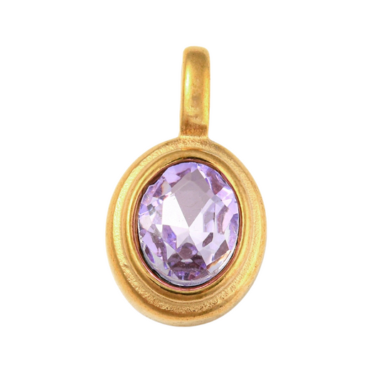 Front of the Gold Oval Framed Lavender Glass Stone Charm on a White Background