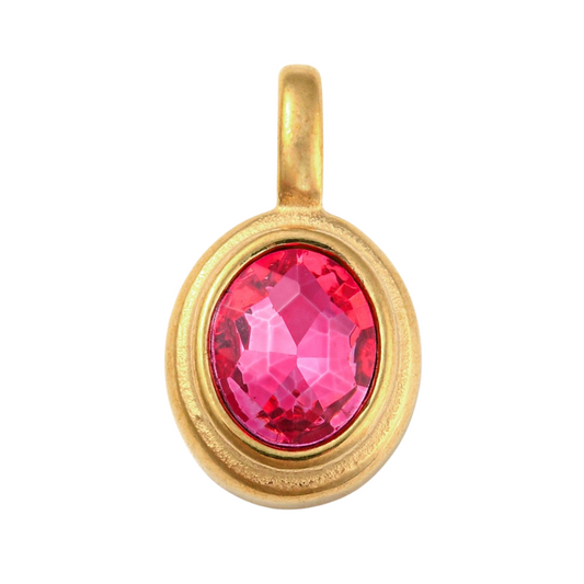 Front of the Gold Oval Framed Pink Glass Stone Charm on a White Background