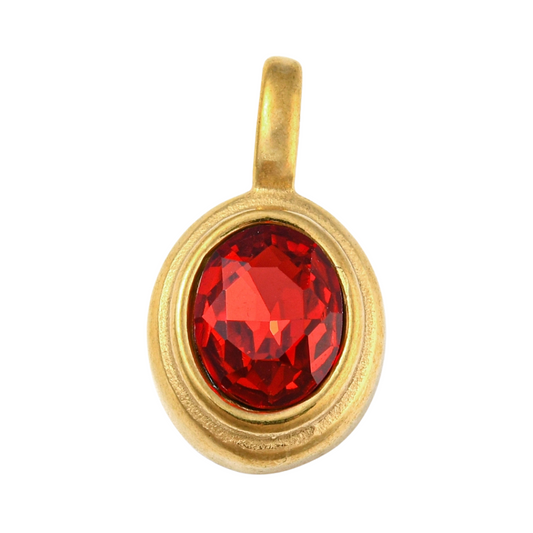 Front of the Gold Oval Framed Red Glass Stone Charm on a White Background