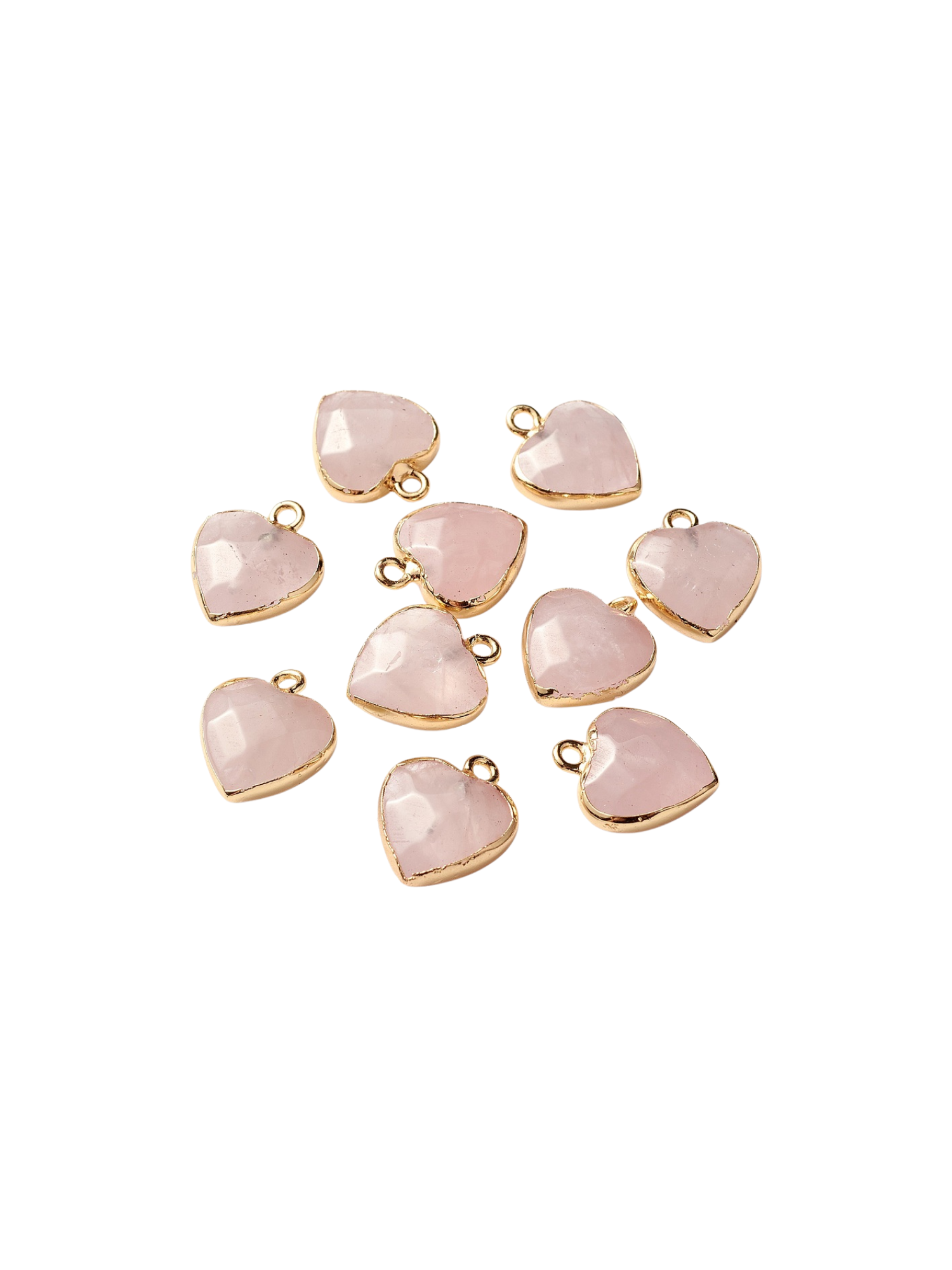 Ten Gold Rose Quartz Heart Charm at various angles