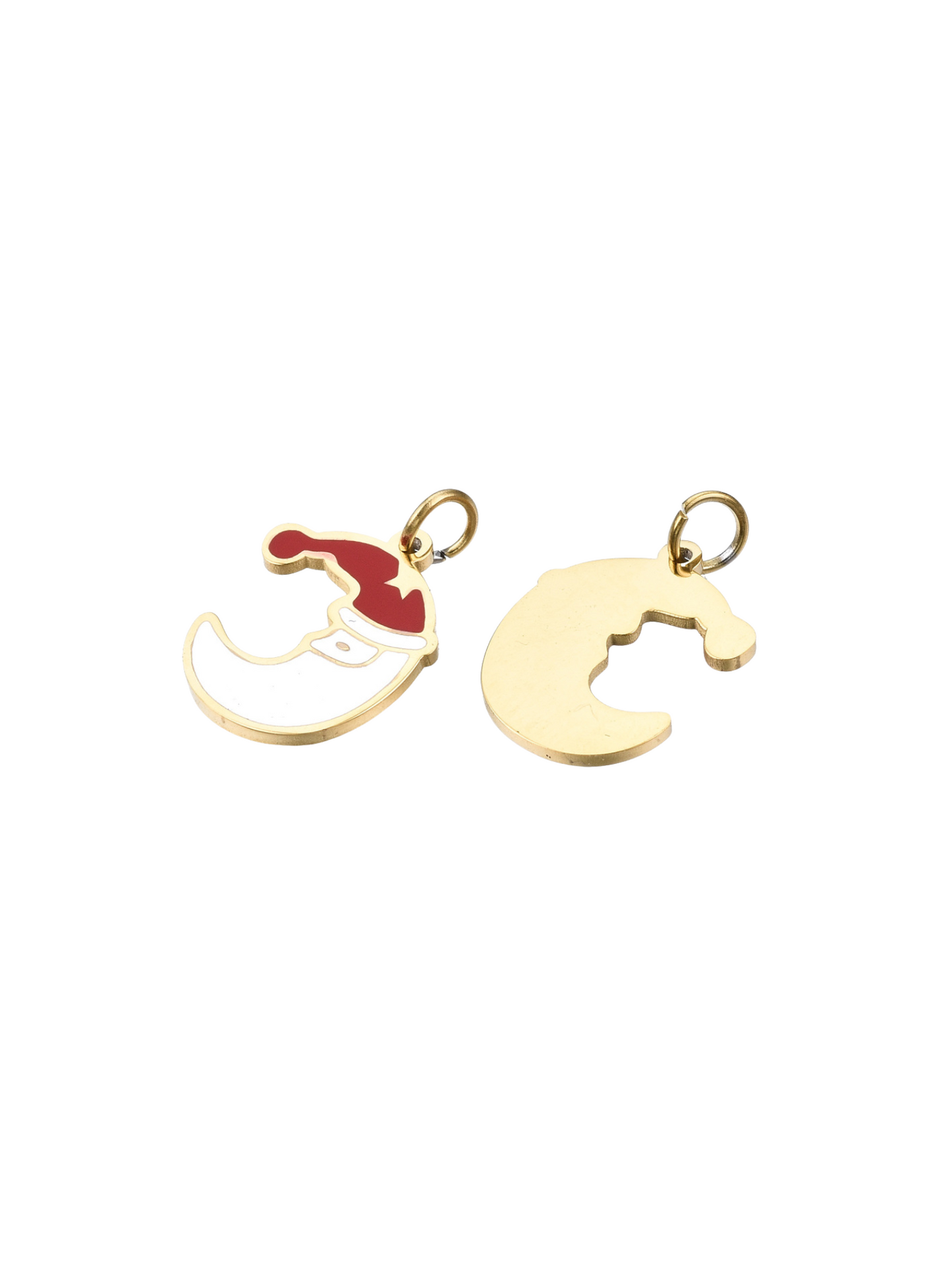 Front and back of the Gold Santa Crescent Moon Charm