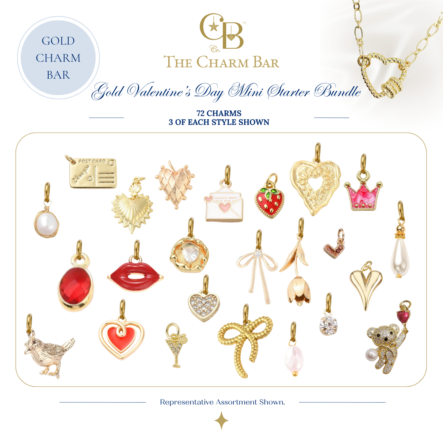 Representative assortment of 72 Valentine's-inspired waterproof gold charms included in The Charm Bar Gold Valentine's Day Mini Starter Bundle, featuring hearts, bows, lips, florals, pearls, gemstones, love letters, strawberries, and romantic charms for custom jewelry making.