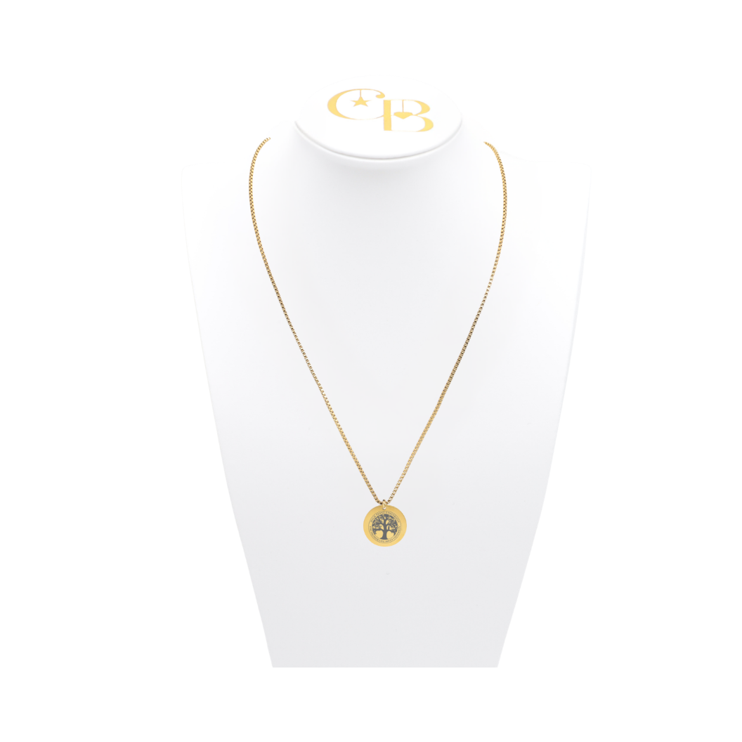 High Point University gold box chain with large round charm displayed on white necklace bust front view with High Point University life skills tree
