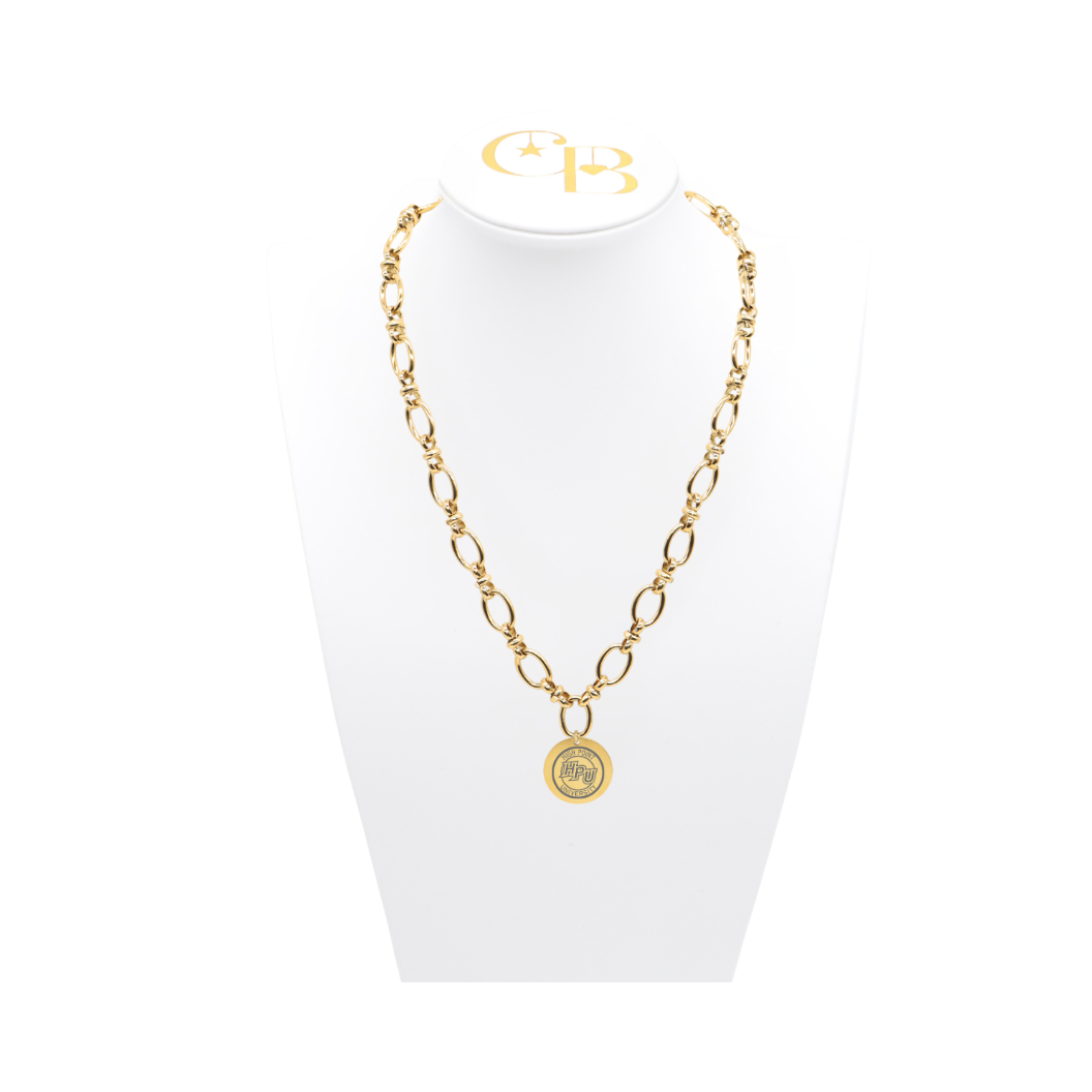 High Point University gold large link evermore necklace with large round charm with high point university text and hpu logo on white necklace bust front
