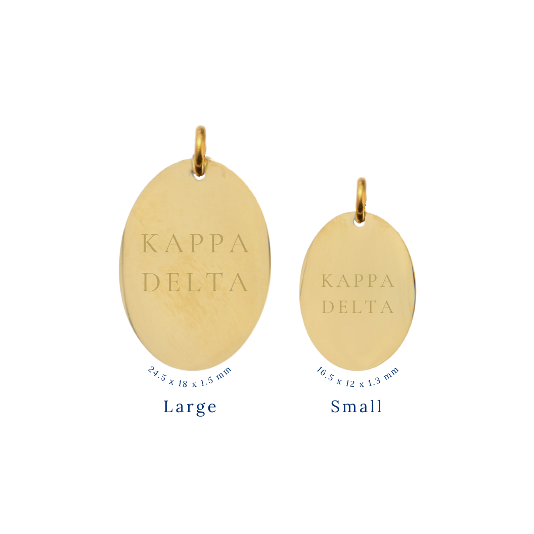 Kappa Delta gold large oval charm and small oval charm comparison with full sorority name front view