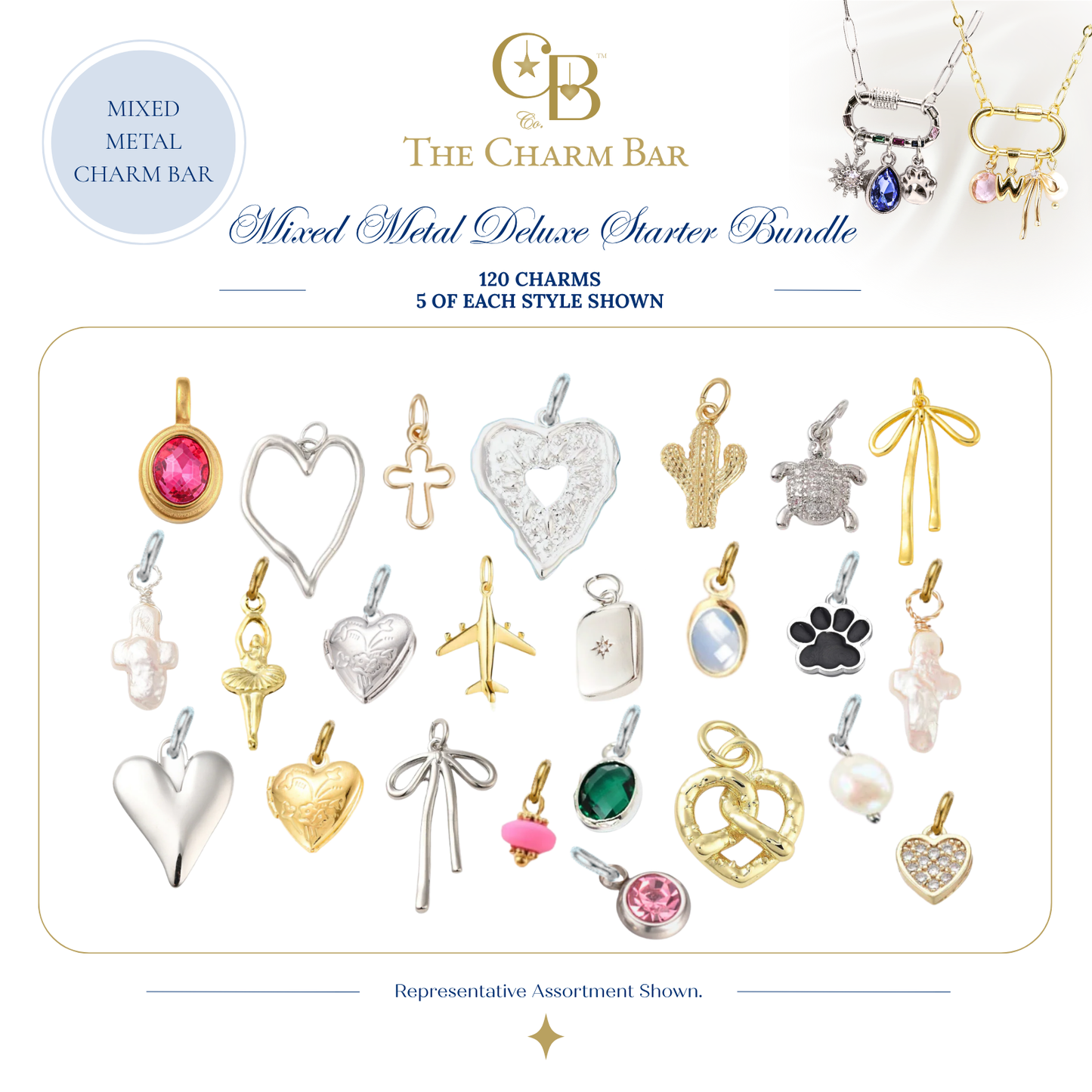 Representative assortment of 120 mixed metal waterproof charms included in The Charm Bar Mixed Metal Deluxe Starter Bundle, featuring gold and silver hearts, crosses, bows, gemstones, travel, western, pet, faith, and everyday charms for custom jewelry making.