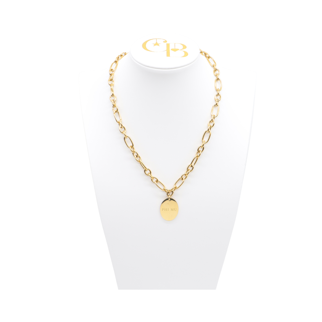 Phi Mu gold large link Keepsake Necklace with large oval charm with full sorority name on white bust front view