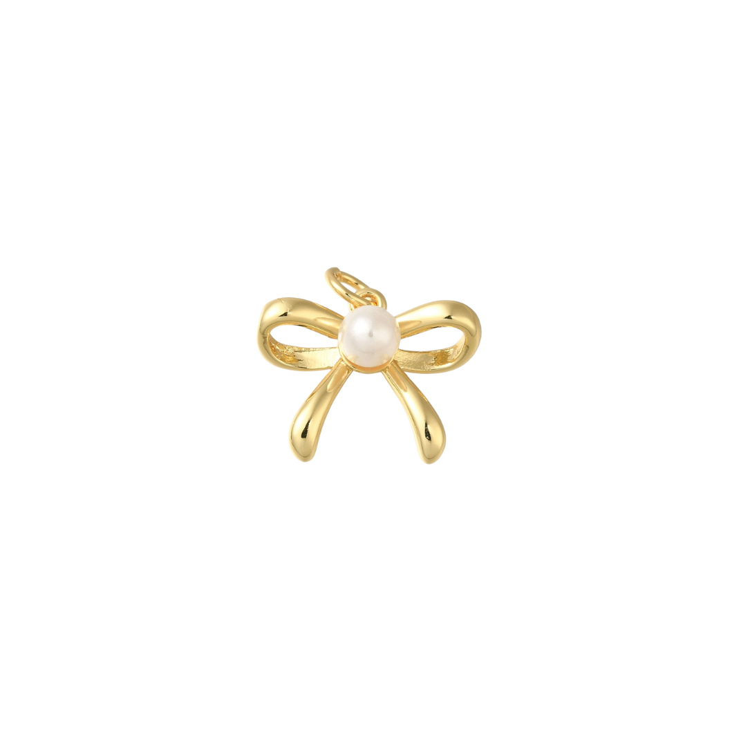 Gold Bow with Pearl Knot Charm - front view 