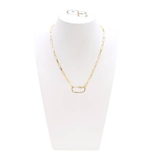Front view of the Gold Ashley Necklace with Large Gabi Carabiner on CB Bust