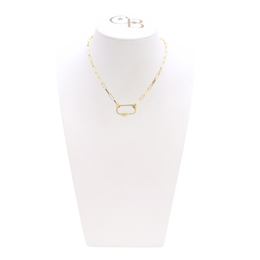 Front view of the Gold Ashley Necklace with Bella Carabiner on CB Bust