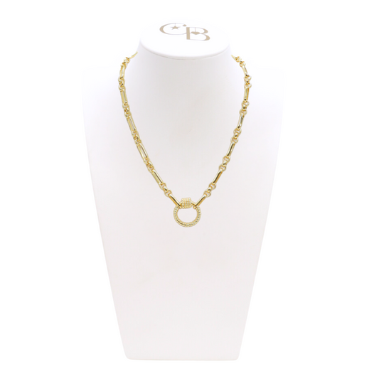 Front view of the Gold Anna Necklace with Round Bella Carabiner on CB Bust