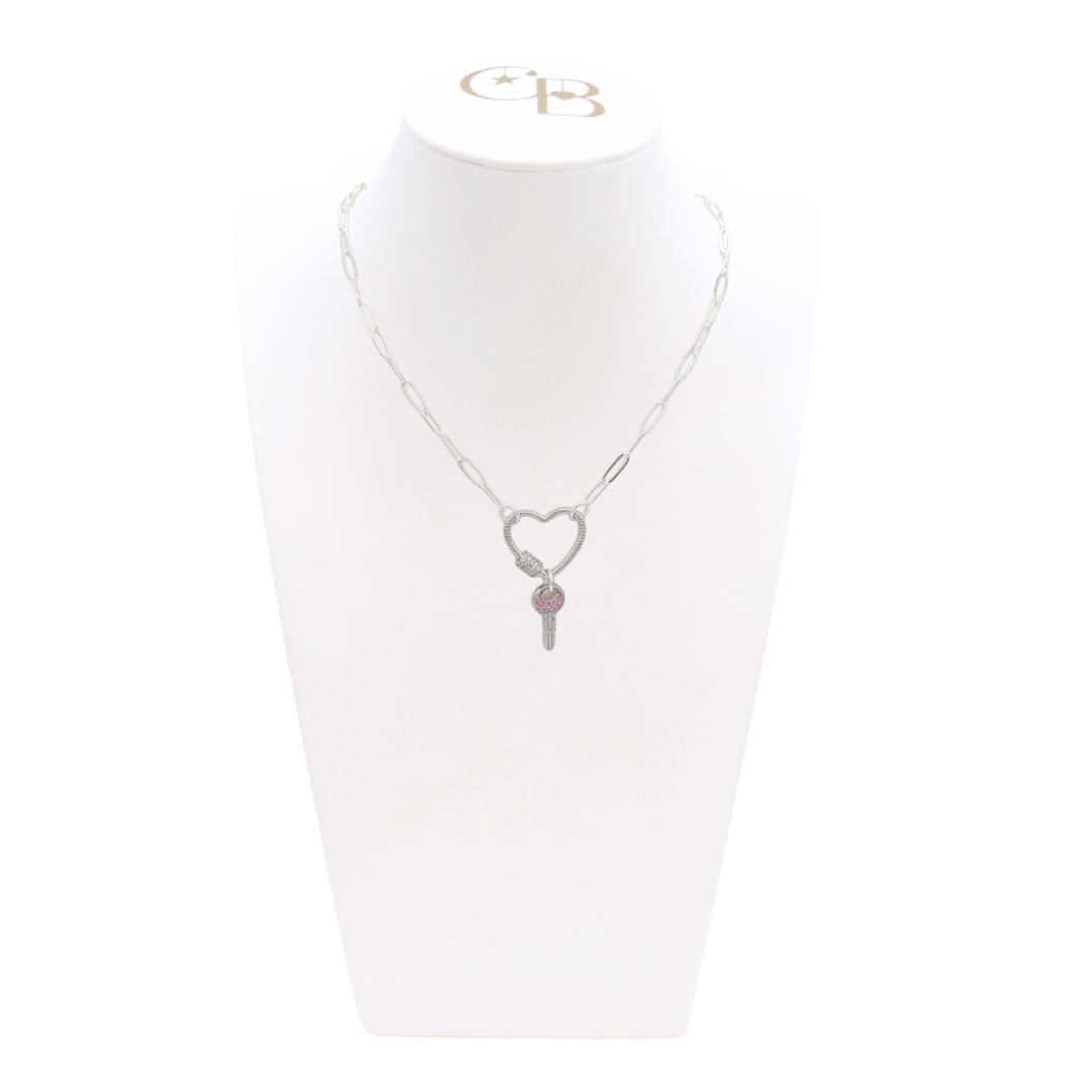 Front view of the Silver Ashley Necklace with Heart Gabi Carabiner on CB Bust