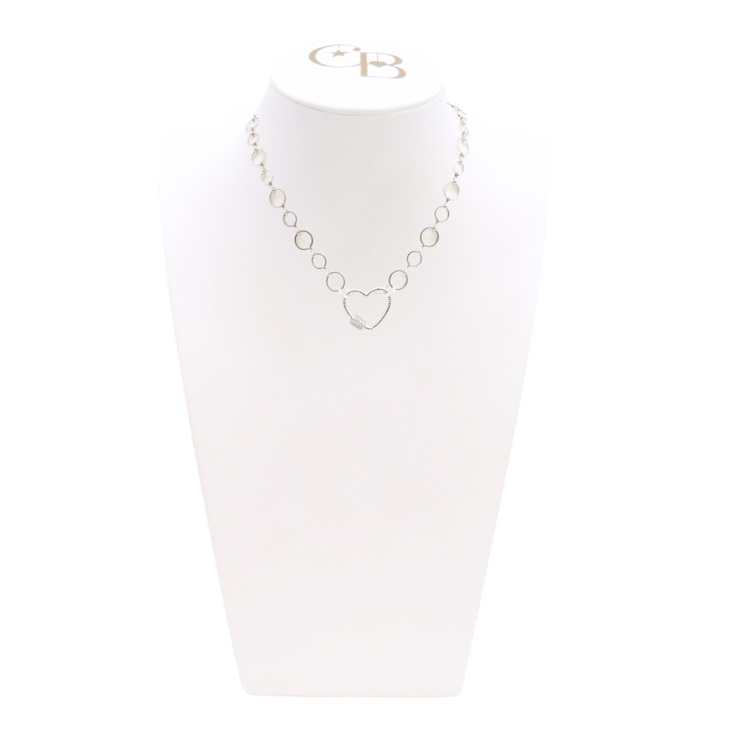 Front view of the Silver Emilia Necklace With Heart Gabi Carabiner on CB Bust
