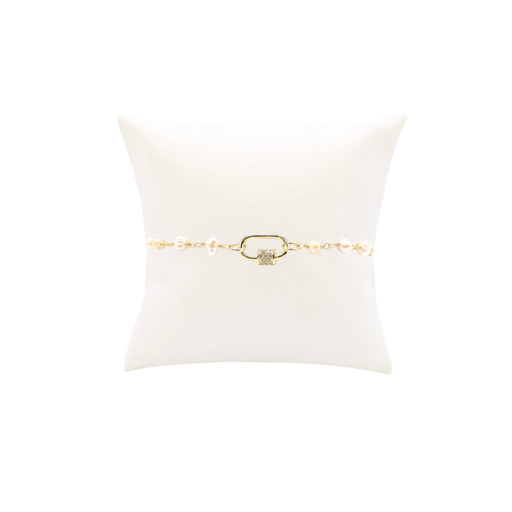 Front View of the Gold Beth Pearl Charm Bracelet | Assorted Color Cubic Zirconia Small Gabi Carabiner