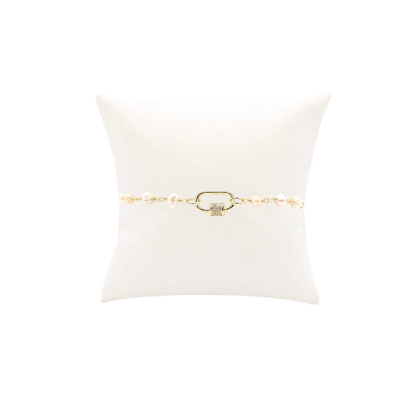 Front View of the Gold Beth Pearl Charm Bracelet | Assorted Color Cubic Zirconia Small Gabi Carabiner