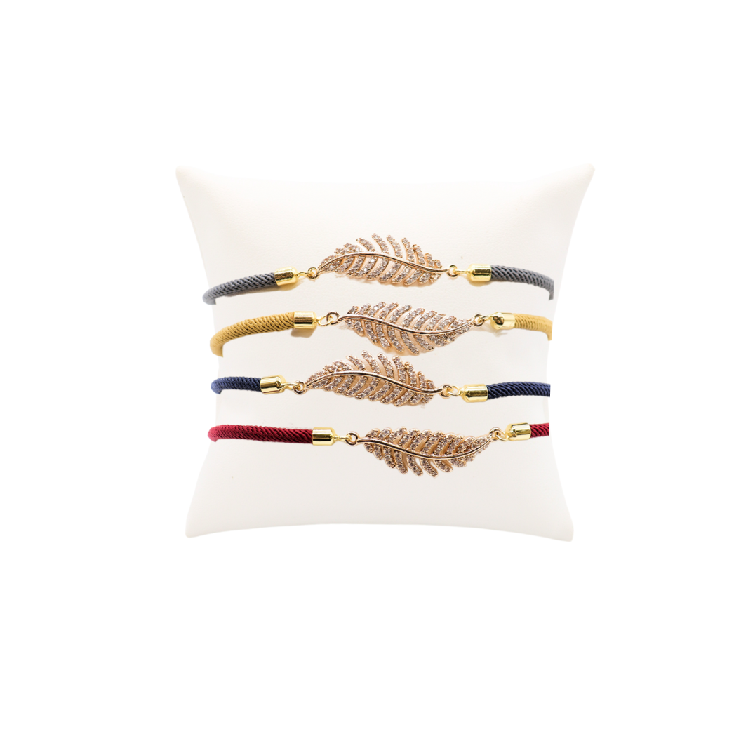 Front of four Cord Bracelet with Feather Connector | Assorted in Grey, Yellow, Navy, and Red