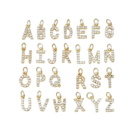 Gold Micro Pave Clear Cubic Zirconia Initial Letter | Alphabet Charm Set