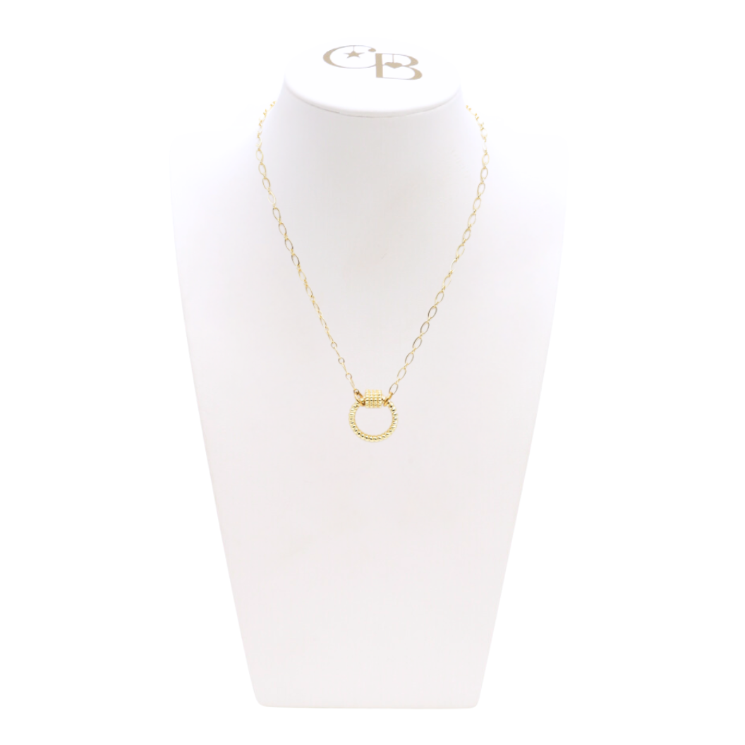 Front view of the Gold Christie Necklace with Round Bella Carabiner on CB Bust