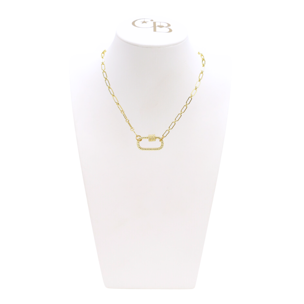 Front view of the Gold Paige Necklace with Bella Carabiner on CB Bust