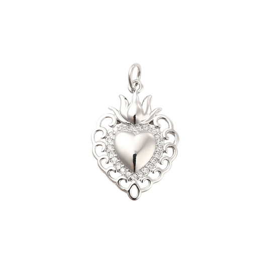 Front of Silver Flaming Sacred Heart Charm