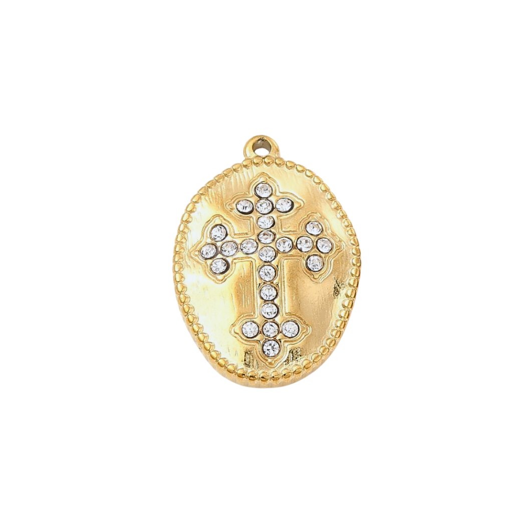 Front of Gold Oval Ornate Cubic Zirconia Cross Charm